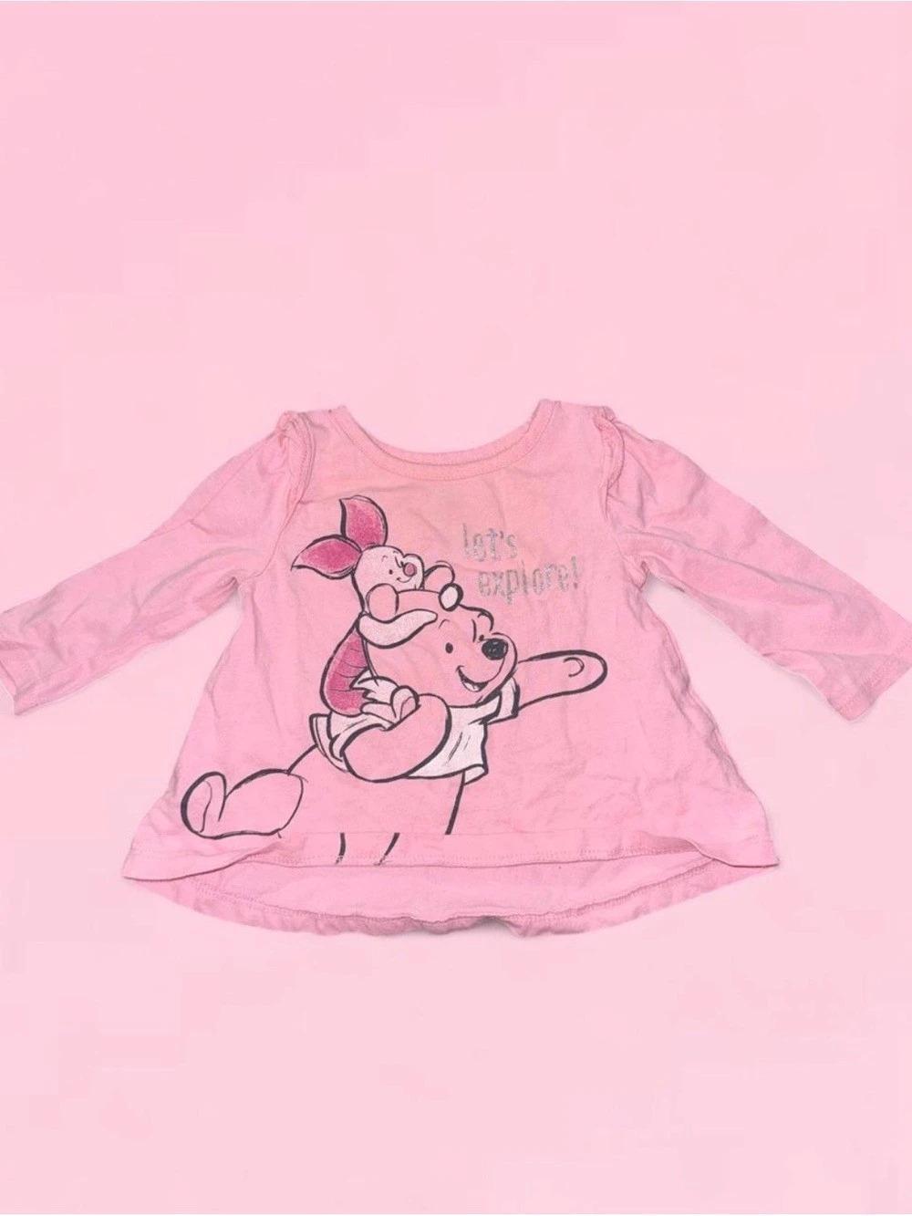 Disney Pooh & Piglet Let's Explore T-Shirt Pink Graphic Long Sleeve Tee
